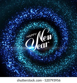 Happy New Year. Magic glowing trails of particles. Vector holiday illustration of shiny spiral traces. Stream of sparkle particles with flash, light rays and lettering. Decoration element for design.