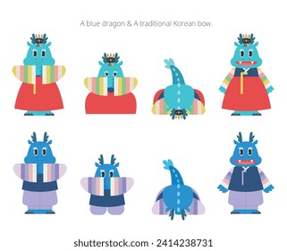 Happy new year. Male and female blue dragons wearing traditional Korean costumes are performing a traditional Korean bow. flat vector illustration.