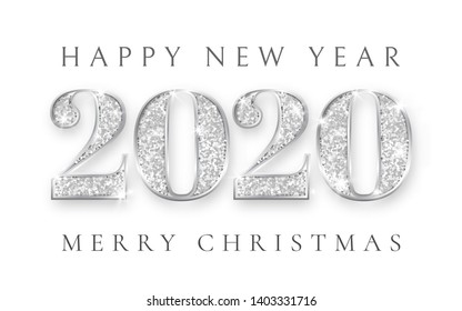 Happy New Year and Marry Christmas 2020, silver numbers design of greeting card, Xmas , Vector illustration.