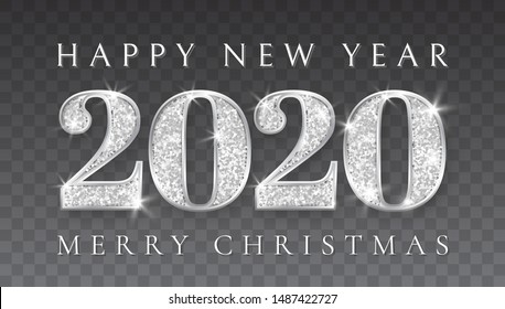 Happy New Year and Marry Christmas 2020, silver numbers design of greeting card, Xmas , Vector illustration.