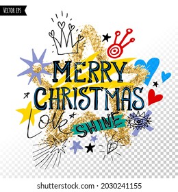 Happy New Year, Marry Christmas, holidays, lettering, slogan, card, art, design, bright. Golden glitter sparkle star, marker, ink, pen sketch style. Doodles illustration vector