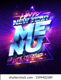 Happy New Year menu shiny poster design with disco lights backdrop