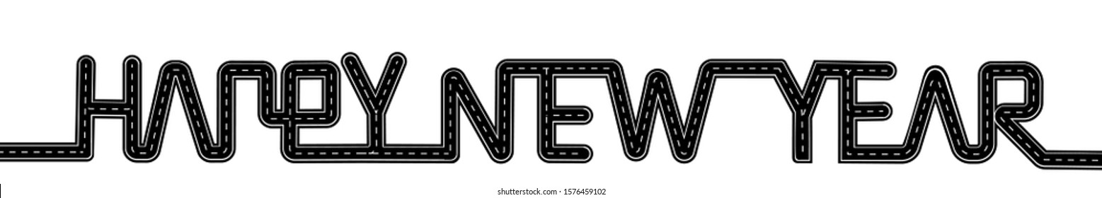 Happy New Year merged inscription. Symbolizes the transition to the new year. The road with markings is stylized as an inscription. Vector illustration