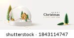 Happy New Year and Merry Christmas banner. Xmas Snowball with trees and house. Glass snow globe realistic 3d design. Festive Christmas object. Holiday poster, header for website, greeting card, flyer