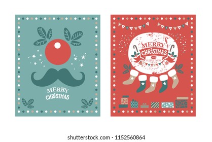 Happy New year and Merry Christmas poster or card set with festive decor, garlands, Christmas sweets, Christmas trees, socks, gifts in boxes, confetti, clown nose and mustache. Vector illustration