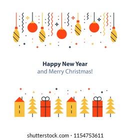 Happy new year and merry Christmas decoration elements, minimalist winter holidays background, festive backdrop, colorful postcard, celebration concept, flat design illustration, vector icons