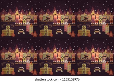 Happy new year. Merry christmas card with house. Christmas illustration on purple, violet and yellow colors. Raster illustration.