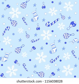 Happy New Year and Merry Christmas seamless pattern for greeting card, Background, wrapping paper, with socks, lollipop, striped stick, Christmas toy, star, snowflake. EPS 8