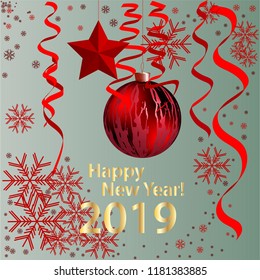 Happy New Year! Merry Christmas! Illustration festive with Christmas balls, stars. On a gray background, red Christmas decorations. Red serpentine, silver with a red ball, snowflakes.