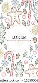 Happy new year/ merry christmas. Idea of web banner. Template of poster, ticket or leaflet. Lorem ipsum. Vector. Funny hand drawn pine cones, oak leaves, cranberries. 