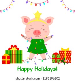 Happy New Year and Merry Christmas Greeting Card. A cute pig in the image of a Christmas tree is holding garlands, boxes of gifts. The symbol of the new year in the Chinese calendar. Vector.