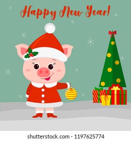 Happy New Year and Merry Christmas Greeting Card. Cute pig in a santa suit holding a ball for the Christmas tree. Christmas tree, gifts and snowflakes. The symbol of the new year in the Chinese
