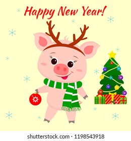 Happy New Year and Merry Christmas greeting card. Cute pig in deer horns and a striped scarf. The symbol of the new year in the Chinese calendar. 2019. Vector.