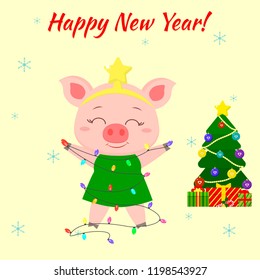 Happy New Year and Merry Christmas greeting card. A cute pig in the image of a Christmas tree holds garlands, a Christmas tree and boxes with gifts. The symbol of the new year in the Chinese calendar