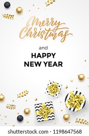 Happy New Year and Merry Christmas greeting card background template of golden modern quote calligraphy. Vector gift ribbon or gold glittering star confetti on Christmas winter white background Happy New Year and Merry Christmas greeting card background template of golden modern quote calligraphy. Vector gift ribbon or gold glittering star confetti on Christmas winter white background