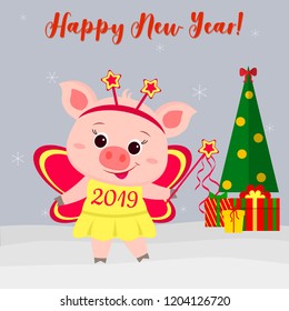 Happy New Year and Merry Christmas Greeting Card. Cute piglet in a fairy butterfly costume. Christmas tree, gifts and snowflakes. The symbol of the new year in the Chinese calendar. 2019. Vector.