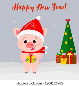 Happy New Year and Merry Christmas Greeting Card. Cute little pig in a santa hat and scarf holding a gift. Christmas tree, gifts and snowflakes. The symbol of the new year in the Chinese calendar