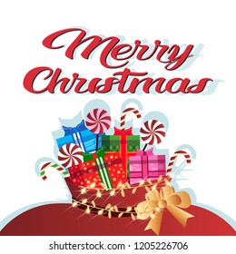 happy new year merry christmas concept gift box decoration flat greeting card lettering vector illustration