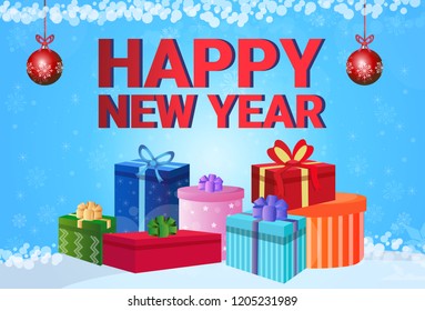 happy new year merry christmas concept winter holiday balls gift box decoration inscription flat vector illustration