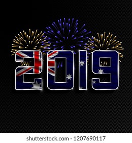 Happy New Year and Merry Christmas. 2019 New Year background with national flag of Australia and fireworks. Vector illustration.