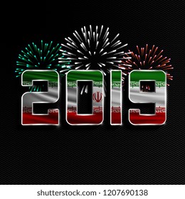 Happy New Year and Merry Christmas. 2019 New Year background with national flag of Iran and fireworks. Vector illustration.