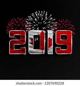 Happy New Year and Merry Christmas. 2019 New Year background with national flag of Canada and fireworks. Vector illustration.