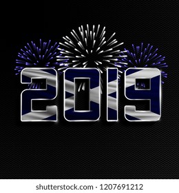 Happy New Year and Merry Christmas. 2019 New Year background with national flag of Scotland and fireworks. Vector illustration.