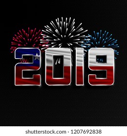 Happy New Year and Merry Christmas. 2019 New Year background with national flag of Chile and fireworks. Vector illustration.