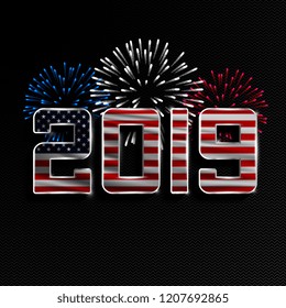 Happy New Year and Merry Christmas. 2019 New Year background with national flag of USA and fireworks. Vector illustration.