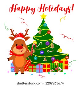 Happy New Year and Merry Christmas Greeting Card. A cute deer in Santa's hat and scarf is standing next to the tree and holding a lollipop. Cartoon style. Vector.