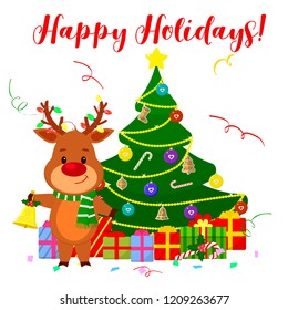 Happy New Year and Merry Christmas greeting card. A cute deer in a scarf and with garlands on the horns holding a Christmas bell. Cartoon style. Vector.