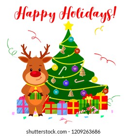 Happy New Year and Merry Christmas Greeting Card. A cute deer with a bell at the neck is standing next to the Christmas tree and holding a gift. Cartoon style. Vector.