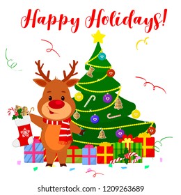 Happy New Year and Merry Christmas Greeting Card. Cute deer in a scarf holding a boot with gifts. Next to the Christmas tree and gifts. Cartoon style. Vector.