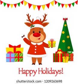 Happy New Year and Merry Christmas Greeting Card. A cute deer in a santa costume is holding a gift. Christmas tree and boxes with gifts. Cartoon style. Vector.