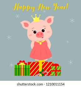 Happy New Year and Merry Christmas greeting card. Cute pig, in a hat and scarf, Santa is holding a lollipop. Standing on the box with a gift. The symbol of the new year in the Chinese calendar. Vector