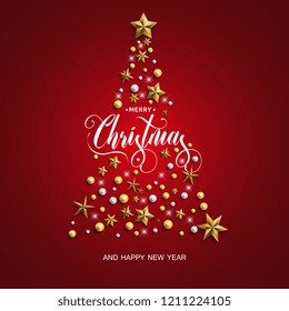 Happy New Year and Merry Christmas. Christmas tree with gold stars on the red background. Vector illustration.