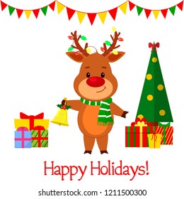 Happy New Year and Merry Christmas Greeting Card. A cute deer in a santa costume is holding a gift. Christmas tree and boxes with gifts. Cartoon style. Vector.