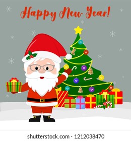 Happy New Year and Merry Christmas Greeting Card. Cute Santa Claus in glasses holds a gift, next to the Christmas tree and boxes with gifts in the winter against the background of snowflakes. Cartoon