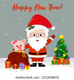 Happy New Year and Merry Christmas Greeting Card. Cute Santa Claus in glasses holds a red bag with a cute pig, a Christmas tree and a gift in the winter against the background of snowflakes. Cartoon