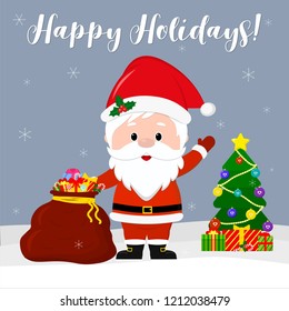 Happy New Year and Merry Christmas greeting card. Cute Santa Claus is holding a red bag with gifts, a Christmas tree and gifts in winter on a blue background and snowflakes. Cartoon style, vector.