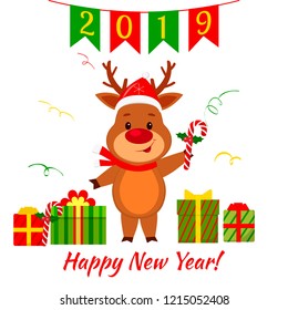 Happy New Year and Merry Christmas greeting card. A cute deer in a santa hat is holding a lollipop. Boxes with gift and serpentine. Cartoon style. Vector