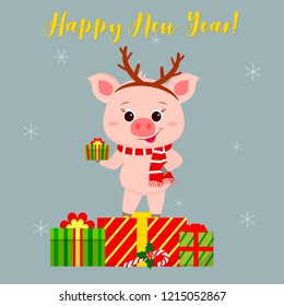 Happy New Year and Merry Christmas Greeting Card. Cute pig in a deer antler and a scarf holding a lollipop. It is on the box with a gift. The symbol of the new year in the Chinese calendar. Vector