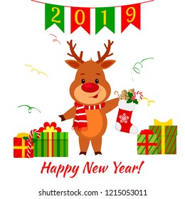 Happy New Year and Merry Christmas greeting card. A cute deer in a santa costume is holding a sock with a gift. Boxes with a gift and a serpentine. Cartoon style. Vector.