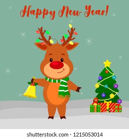 Happy New Year and Merry Christmas Greeting Card. Cute deer in a scarf and garland on the horns. Christmas tree, winter and snowflakes. Cartoon style. Vector.