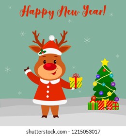 Happy New Year and Merry Christmas greeting card. Cute deer in a santa suit holding a gift. Christmas tree, winter and snowflakes. Cartoon style. Vector.