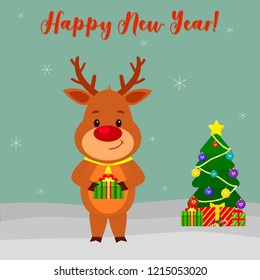 Happy New Year and Merry Christmas Greeting Card. Cute deer with a bell around his neck holds a gift. Christmas tree, winter and snowflakes. Cartoon style. Vector.