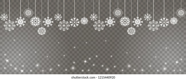Happy new year and Merry Christmas backdrop with white snowflakes on strings on a transparent background. Abstract snowflake background for your holiday design. Vector illustration
