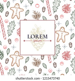 Happy new year/ merry christmas. Idea of greeting card. Template of poster, banner or leaflet. Lorem ipsum. Vector. Funny hand drawn pine cones, oak leaves, gingerbread mans and candy canes. 