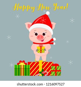 Happy New Year and Merry Christmas Greeting Card. Cute pig in santa hat and scarf holding a gift. It is on the box with a gift. The symbol of the new year in the Chinese calendar. Vector.