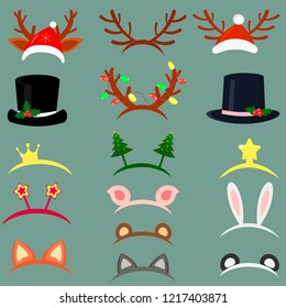 Happy New Year and Merry Christmas. Set of sixteen different hats and accessories for the Christmas holidays. Flat style vector.